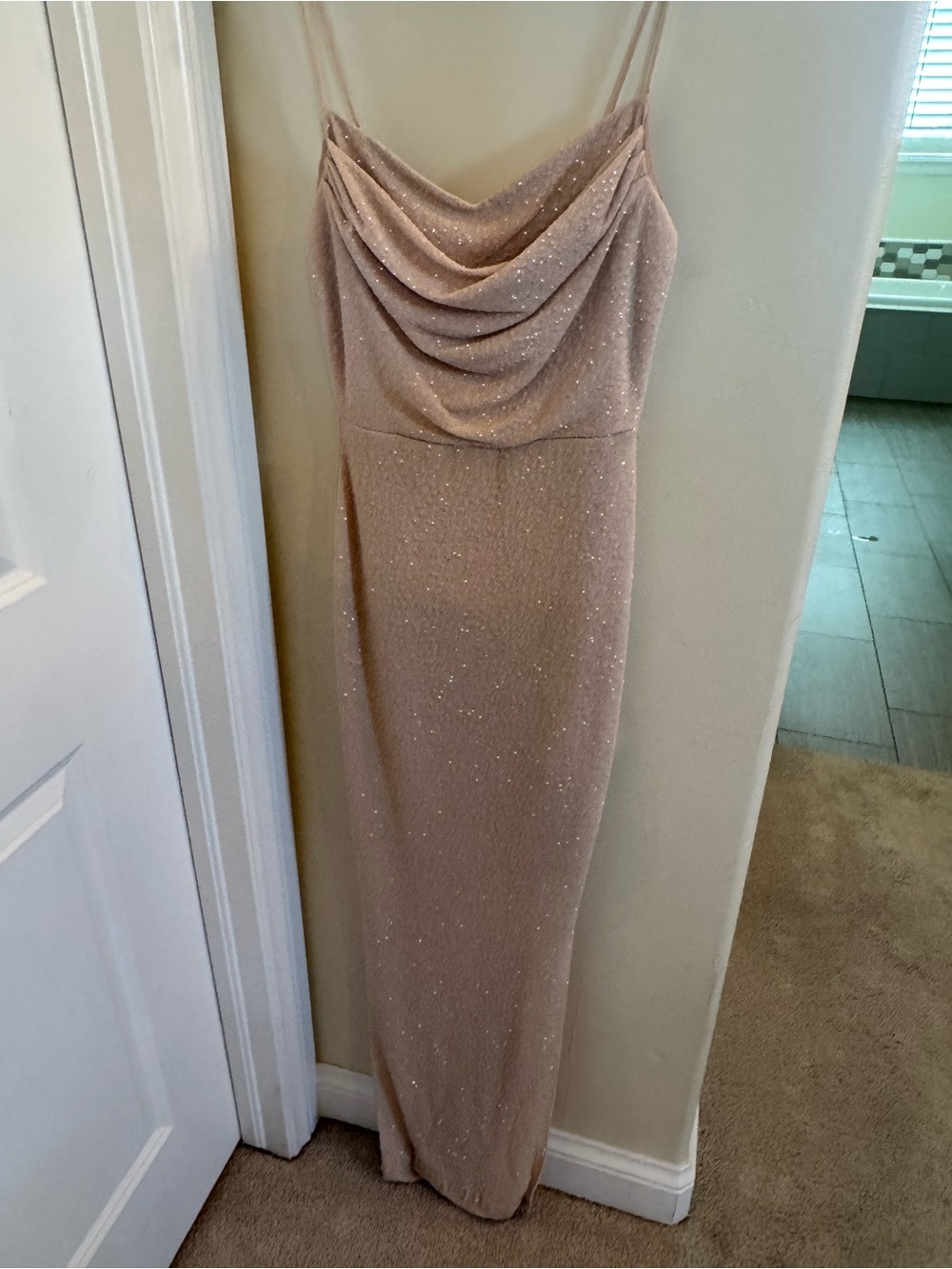 Windsor Champagne Glitter Cowl Neck Maxi Formal Gown Dress